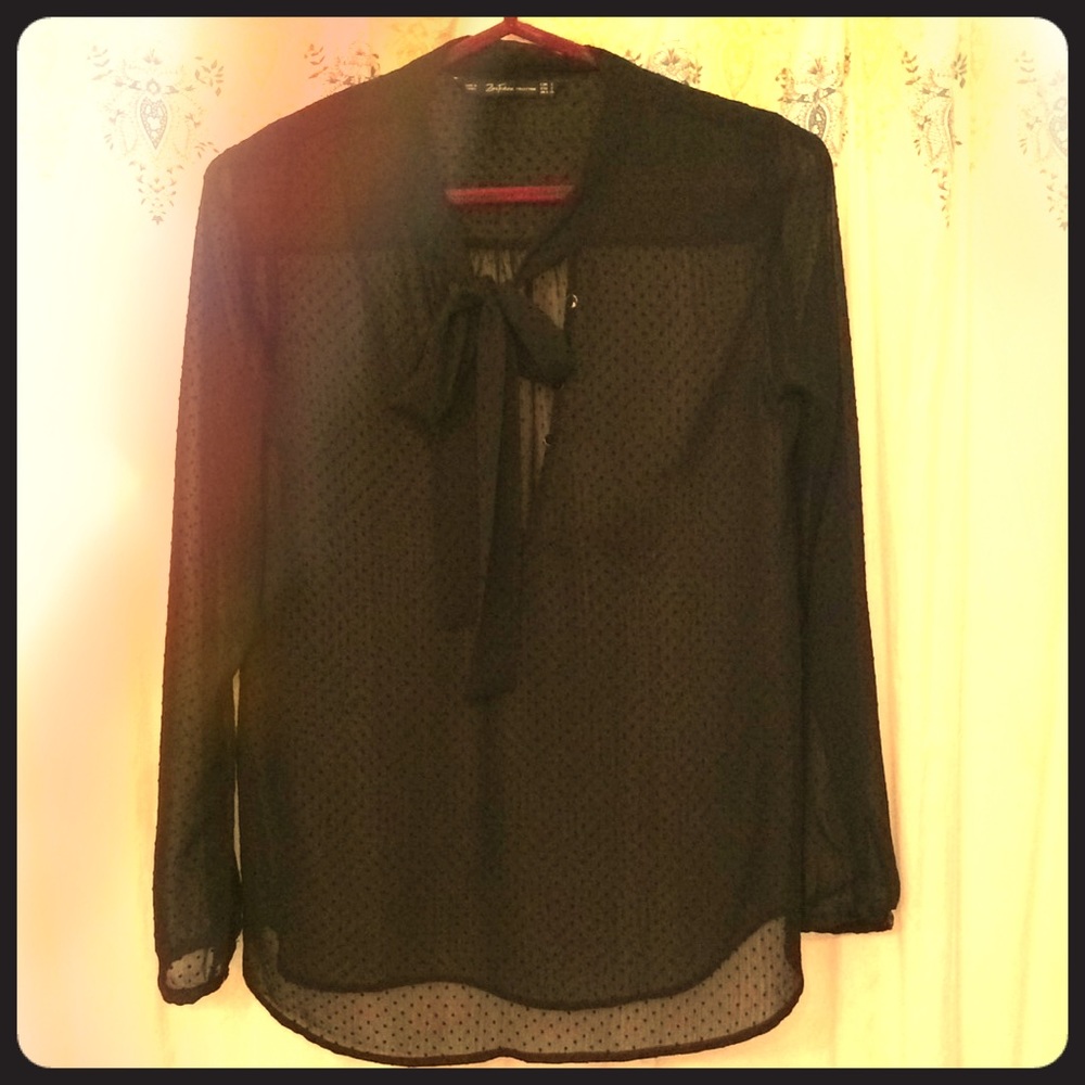 Sheer black polka dot Zara blouse w tie